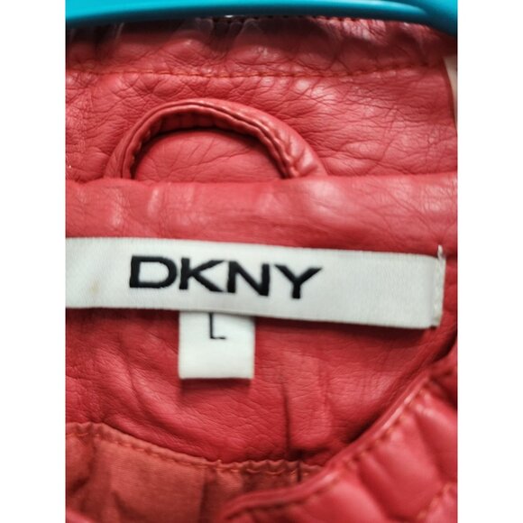 DKNY Womens Moto Jacket Large Red Faux Leather Zip Front Biker Chick Streetwear - Picture 3 of 7